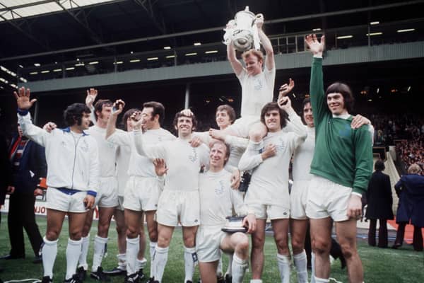 Leeds United celebrate winning the FA Cup: (left-right) Mick Bates, Paul Madeley, Eddie Gray, Paul Reaney, Johnny Giles, Jack Charlton, Allan Clarke, Billy Bremner, Peter Lorimer, Norman Hunter and David Harvey