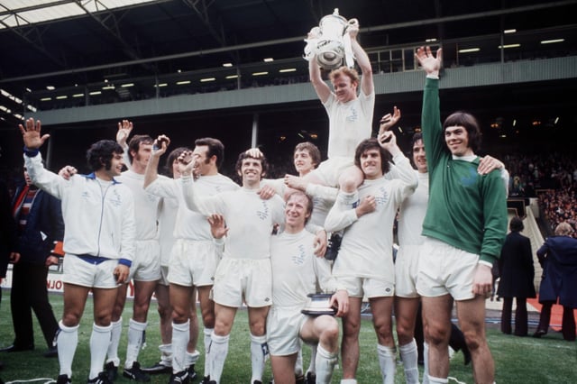 Leeds United celebrate winning the FA Cup: (left-right) Mick Bates, Paul Madeley, Eddie Gray, Paul Reaney, Johnny Giles, Jack Charlton, Allan Clarke, Billy Bremner, Peter Lorimer, Norman Hunter and David Harvey