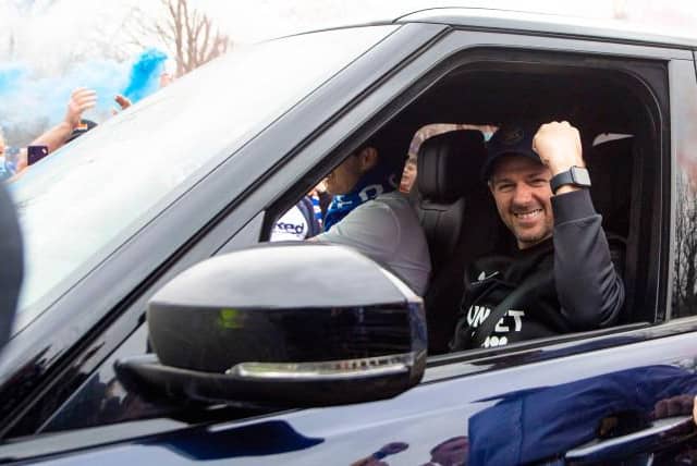 Steven Gerrard greets jubilant Rangers fans outside the club's training ground after his squad were confirmed as the new Premiership champions this month. (Photo by Ross MacDonald / SNS Group)