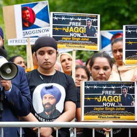 Jagtar Singh Johal (Jaggi) protest at the London Indian Consulate in 2018.