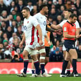 Charlie Ewels of England leaves the field after being shown a red card within the first minute of a match against Ireland.