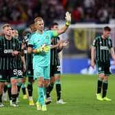 Joe Hart of Celtic acknowledges the fans after their sides defeat during the UEFA Champions League group F match between RB Leipzig and Celtic FC at Red Bull Arena on October 05, 2022 in Leipzig, Germany. (Photo by Martin Rose/Getty Images)