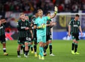 Joe Hart of Celtic acknowledges the fans after their sides defeat during the UEFA Champions League group F match between RB Leipzig and Celtic FC at Red Bull Arena on October 05, 2022 in Leipzig, Germany. (Photo by Martin Rose/Getty Images)
