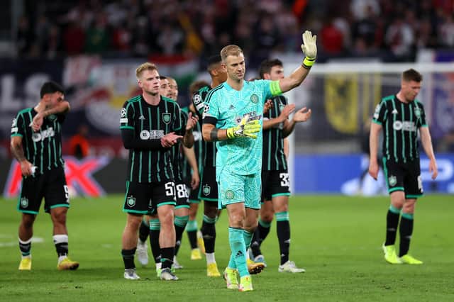 Joe Hart of Celtic acknowledges the fans after their sides defeat during the UEFA Champions League group F match between RB Leipzig and Celtic FC at Red Bull Arena on October 05, 2022 in Leipzig, Germany. (Photo by Martin Rose/Getty Images)