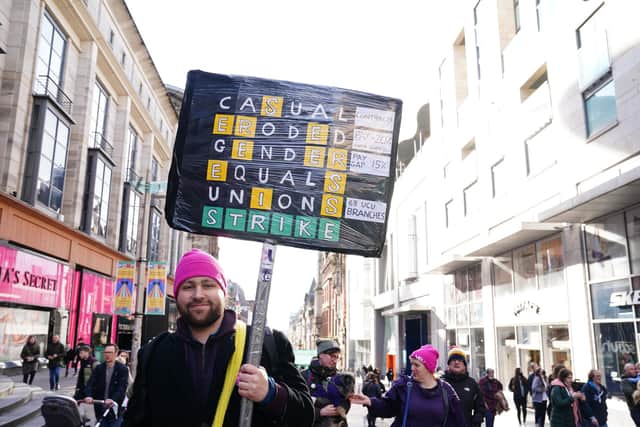 Protestors and Members of the University and College Union (UCU) during their rally in Glasgow, at the start of their 10 days of industrial action over pay, pensions and working conditions. Picture date: Monday February 14, 2022.