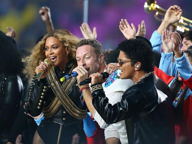 The most-watched Super Bowl half-time show of all time was headlined by Coldplay. The 2016 show saw Chris Martin joined onstage by Beyonce and Bruno Mars and has had an enormous 267 million views on YouTube.