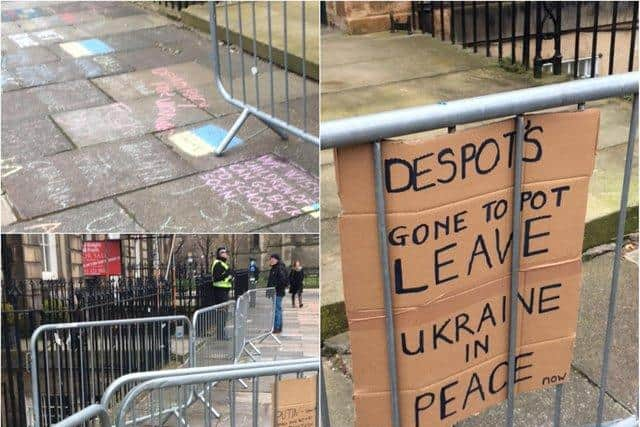 Locals have vented their feelings over Russia's invasion of Ukraine at the consulate.
Pic: Lisa Ferguson