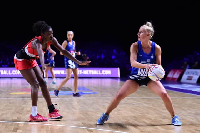 Claire Maxwell of Scotland in action during the preliminaries stage two schedule match between Trinidad and Tobago and Scotland at M&S Bank Arena on July 18, 2019 in Liverpool, England.