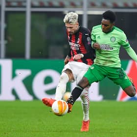 Celti'c's Jeremie Frimpong tussles with AC Milan's Samuel Castillejo in the San Siro. (Photo by Giuseppe Maffia / SNS Group)