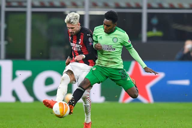 Celti'c's Jeremie Frimpong tussles with AC Milan's Samuel Castillejo in the San Siro. (Photo by Giuseppe Maffia / SNS Group)