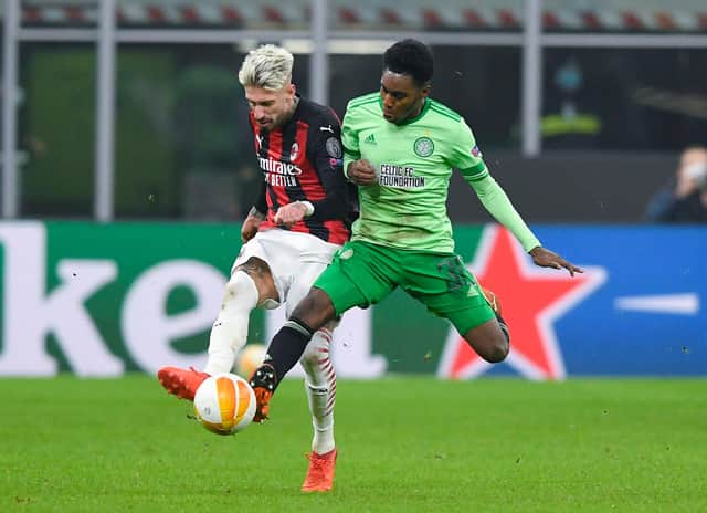 Celti'c's Jeremie Frimpong tussles with AC Milan's Samuel Castillejo in the San Siro. (Photo by Giuseppe Maffia / SNS Group)