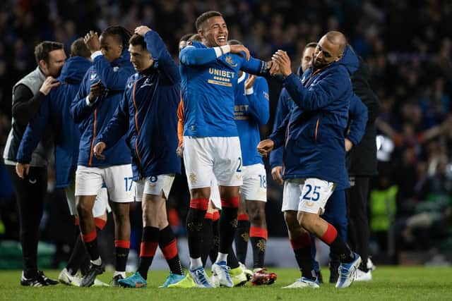 Rangers' James Tavernier (centre) and Kemar Roofe lead the celebrations after overcoming Braga.