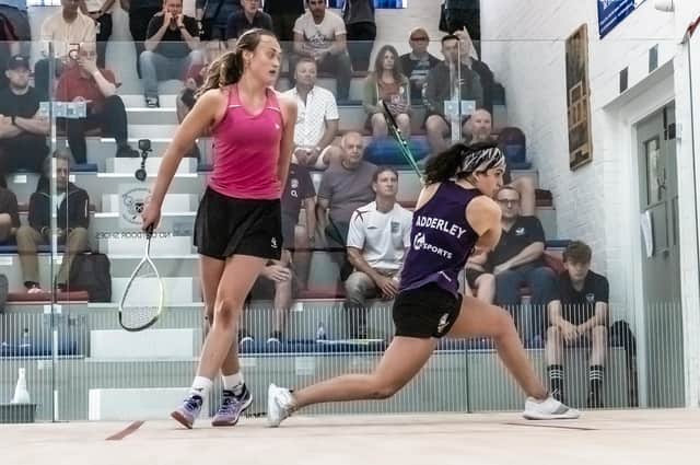 Georgia Adderley in action during her semi-final victory over Elise Lazarus at the City of Peterborough Squash & Racketball Club Open. Adderley went on to win the final to secure her first PSA Tour title.