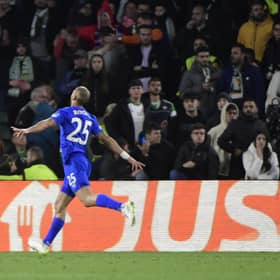 Kemar Roofe wheels away to celebrate Rangers' winner against Real Betis.