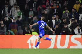 Kemar Roofe wheels away to celebrate Rangers' winner against Real Betis.