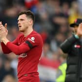 Andy Robertson applauds the Liverpool fans after the 2-2 draw with Arsenal at Anfield. (Photo by Shaun Botterill/Getty Images)