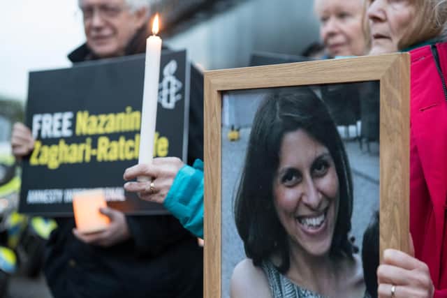 Supporters hold a photo of Nazanin Zaghari-Ratcliffe during a demonstration in January 2017 calling for Iran to release her (Picture: Chris J Ratcliffe/Getty Images)