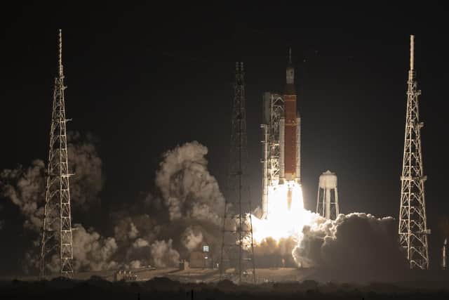 The Space Launch System rocket carrying the Orion spacecraft launches on the Artemis I flight test that is preparing for a mission to return humans to the moon, with the first woman and first person of colour to be among the astronauts to explore the lunar landscape.  (Photo by Bill Ingalls/NASA via Getty Images)