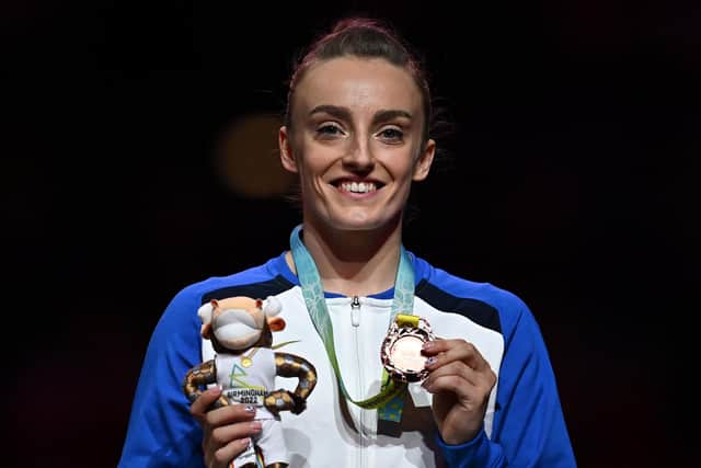 Scotland's Shannon Archer poses with her bronze medal after the women's vault artistic gymnastics event at the Arena Birmingham, on day four of the 2022 Commonwealth Games. (Photo by BEN STANSALL/AFP via Getty Images)
