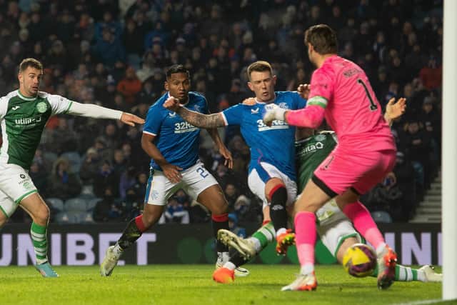 Ryan Jack draws Rangers level at 2-2 after Hibs twice took the lead at Ibrox.  (Photo by Craig Foy / SNS Group)
