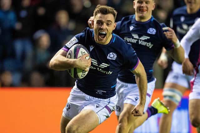 Ben White roars across the line for his first-half try in Scotland against England at BT Murrayfiel.  (Photo by Ross MacDonald / SNS Group)