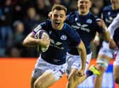 Ben White roars across the line for his first-half try in Scotland against England at BT Murrayfiel.  (Photo by Ross MacDonald / SNS Group)