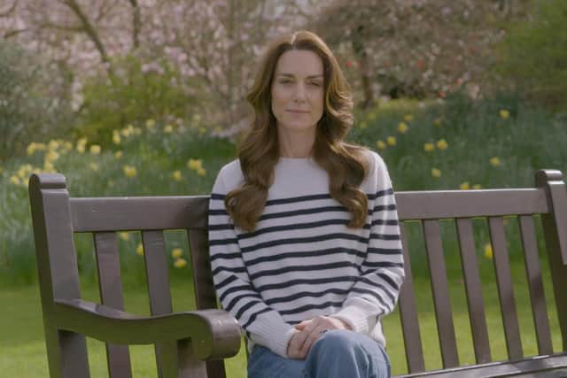 The Princess of Wales recording her message announcing that following her abdominal surgery in January 'tests after the operation found cancer had been present'. Photo: BBC Studios/PA Wire