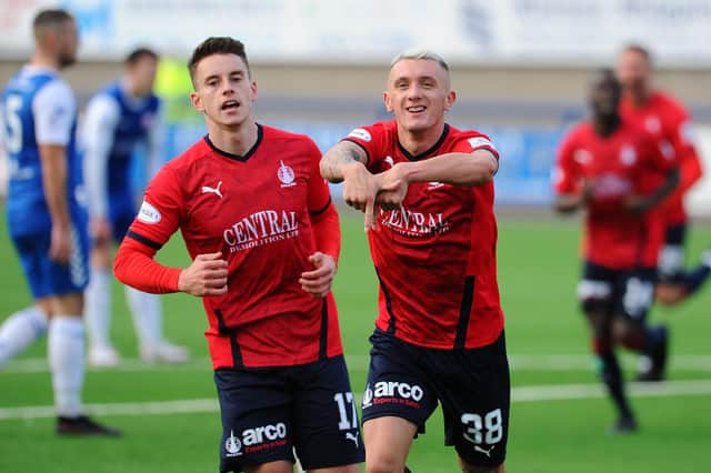Second goal for Falkirk from the penalty by Callumn Morrison (right) before Robbie Leitch (left) found the net in injury time. Picture: Michael Gillen