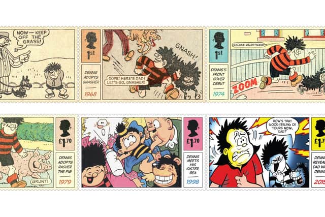 Six stamps feature images of the perennial naughty schoolboy from a black-and-white comic strip in 1951, meeting his baby sister Bea, adopting his faithful dog Gnasher and finding out that his father is a grown-up version of Dennis from the 1980s. (Image credit: Royal Mail/PA Wire)