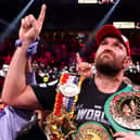 Tyson Fury celebrates his 11th round knock out win against Deontay Wilder after their WBC heavyweight title fight in Las Vegas. (Photo by Al Bello/Getty Images)