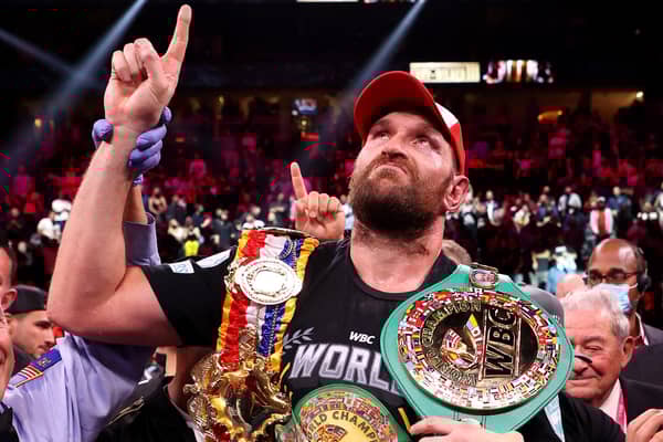 Tyson Fury celebrates his 11th round knock out win against Deontay Wilder after their WBC heavyweight title fight in Las Vegas. (Photo by Al Bello/Getty Images)