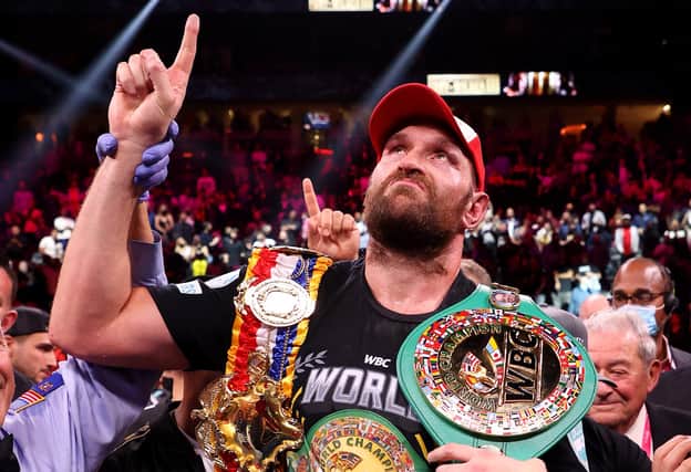 Tyson Fury celebrates his 11th round knock out win against Deontay Wilder after their WBC heavyweight title fight in Las Vegas. (Photo by Al Bello/Getty Images)