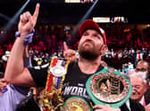 Tyson Fury celebrates his 11th round knock out win against Deontay Wilder after their WBC heavyweight title fight in Las Vegas. (Photo by Al Bello/Getty Images)