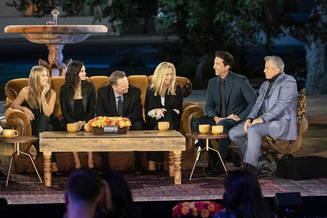 Friends star Jennifer Aniston, Courteney Cox, Lisa Kudrow, Matt LeBlanc, Matthew Perry and David Schwimmer reunited for a one-off special.