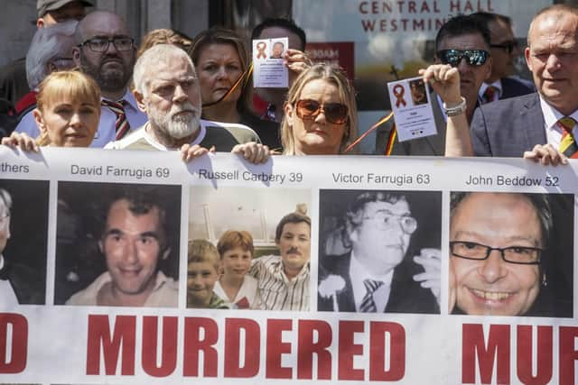 Victims and campaigners outside Central Hall in Westminster, London, after the publication of the Infected Blood Inquiry report. Photo: Jeff Moore/PA Wire