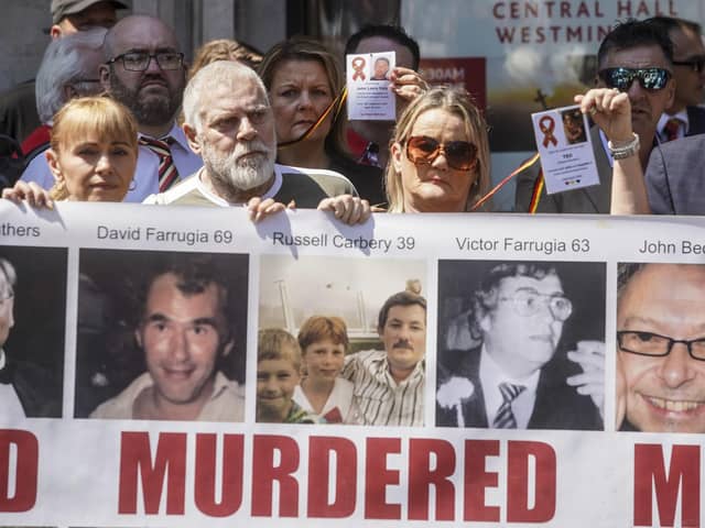 Victims and campaigners outside Central Hall in Westminster, London, after the publication of the Infected Blood Inquiry report. Photo: Jeff Moore/PA Wire