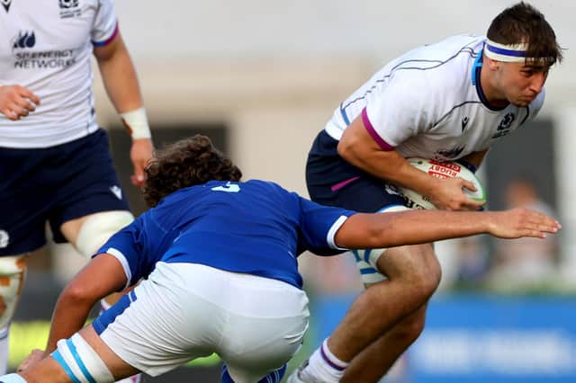 Italy’s Francesco Ruffolo tackles Rhys Tait of Scotland in the Under-20 Six Nations Summer Series Round 2 Pool B fixture. Pic: ©INPHO/James Crombie