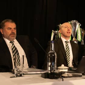 Celtic head coach Ange Postecoglou, chief executive Michael Nicholson and outgoing chairman Ian Bankier during the 2022 Celtic AGM at Celtic Park. (Photo by Craig Williamson / SNS Group)
