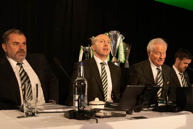 Celtic head coach Ange Postecoglou, chief executive Michael Nicholson and outgoing chairman Ian Bankier during the 2022 Celtic AGM at Celtic Park. (Photo by Craig Williamson / SNS Group)