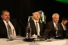 Celtic head coach Ange Postecoglou, chief executive Michael Nicholson and outgoing chairman Ian Bankier during the 2022 Celtic AGM at Celtic Park. (Photo by Craig Williamson / SNS Group)