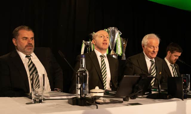 Celtic head coach Ange Postecoglou, chief executive Michael Nicholson and outgoing chairman Ian Bankier during the 2022 Celtic AGM at Celtic Park. (Photo by Craig Williamson / SNS Group)