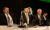 Celtic head coach Ange Postecoglou, chief executive Michael Nicholson and outgoing chairman Ian Bankier during the 2022 Celtic AGM at Celtic Park. (Photo by Craig Williamson / SNS Group)