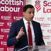 Scottish Labour leader Anas Sarwar makes a speech at Pollok Community Centre in Glasgow.