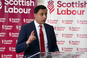 Scottish Labour leader Anas Sarwar makes a speech at Pollok Community Centre in Glasgow.