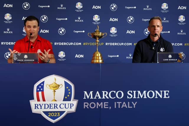 Zach Johnson and Luke Donald conduct a press conference in Rome as  part of a Ryder Cup 'Year to Go' event in the Italian capital. Picture: Andrew Redington/Getty Images