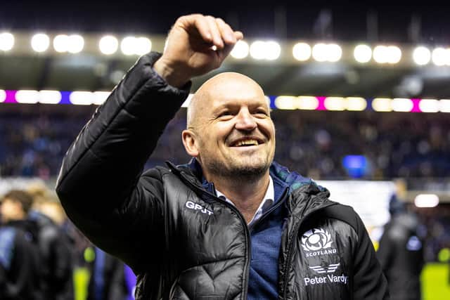 Scotland head coach Gregor Townsend is all smiles after the win over England at Murrayfield.