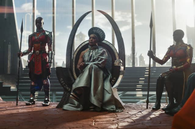 Florence Kasumba as Ayo, Angela Bassett as Ramonda and Danai Gurira as Okoye in Black Panther: Wakanda Forever. PIC: Marvel Studios. © 2022 MARVEL.