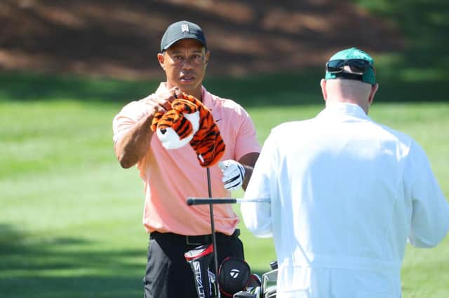 Tiger Woods on the practice area prior after turning up on Sunday afternoon ahead of the 86th Masters at Augusta National Golf Club. Picture: Andrew Redington/Getty Images.