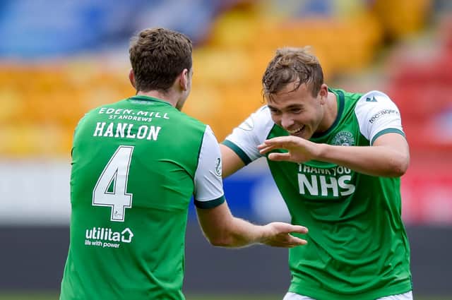 Hibernian's Ryan Porteous and Paul Hanlon are looking to do enough with their club to ensure further Scotland call-ups. Photo by Mark Scates / SNS Group