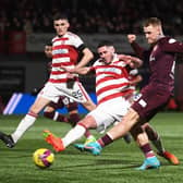 Hearts forward Stephen Humphrys opens the scoring with this strike against Hamilton Accies at the ZLX Stadium.